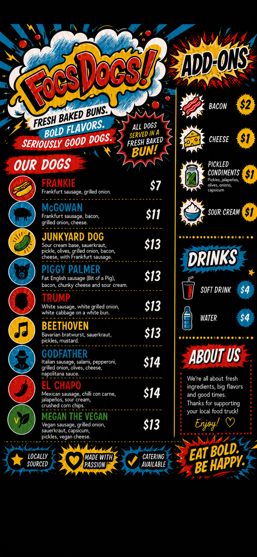 Fogs Dogs full menu with hotdogs, add-ons and drinks